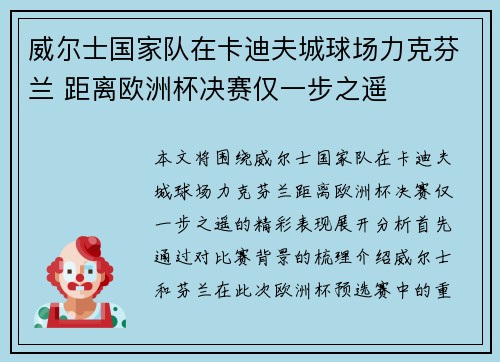 威尔士国家队在卡迪夫城球场力克芬兰 距离欧洲杯决赛仅一步之遥