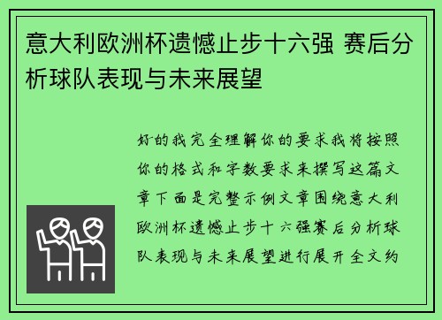 意大利欧洲杯遗憾止步十六强 赛后分析球队表现与未来展望